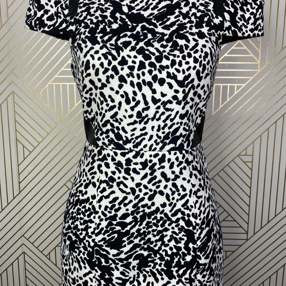 Tibi Animal Print Leather Panel Dress Black Cream Size US 2 - Picture 5 of 12